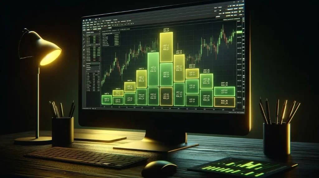 Trading workstation showing position size and risk blocks