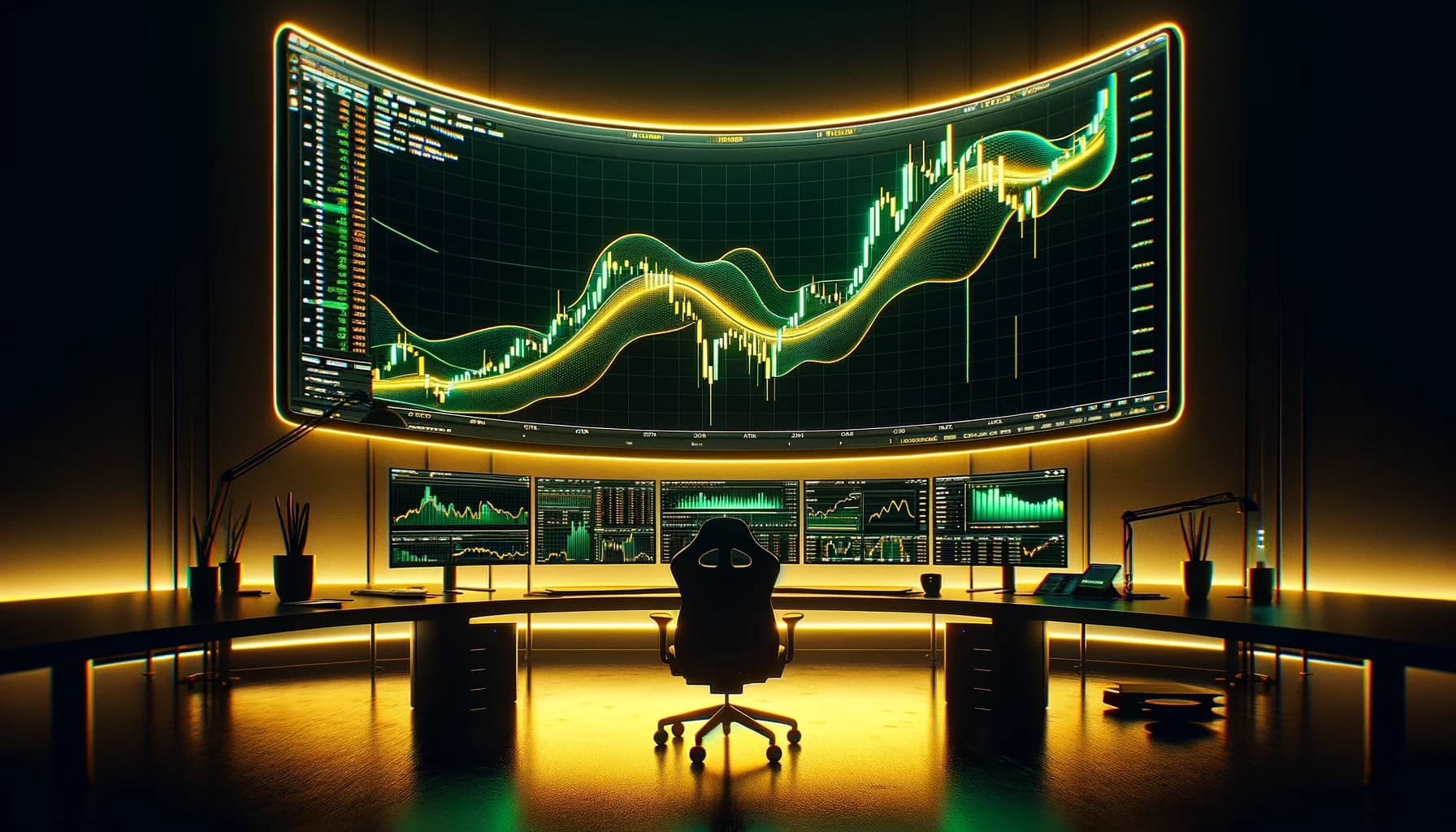 Bollinger Bänder Squeeze und Ausbruch auf dunklem Multi-Screen Desk