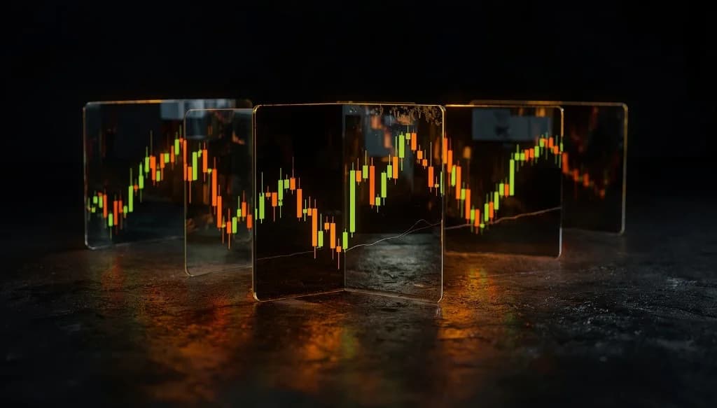3D illustration of glowing green and orange candlestick charts on glass panels — trading glossary