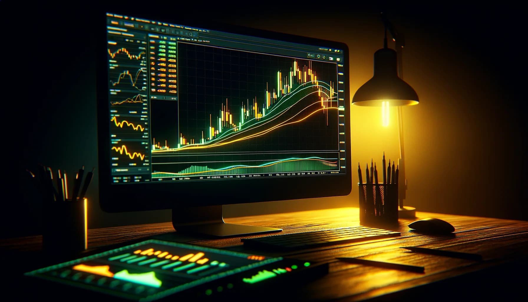 MACD crossover and histogram on dark trading monitor