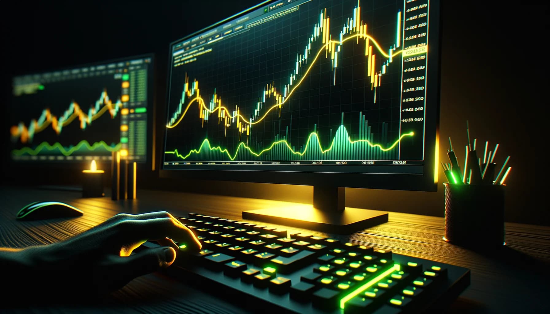 RSI oscillator with neon-highlighted zones on dark trading monitor