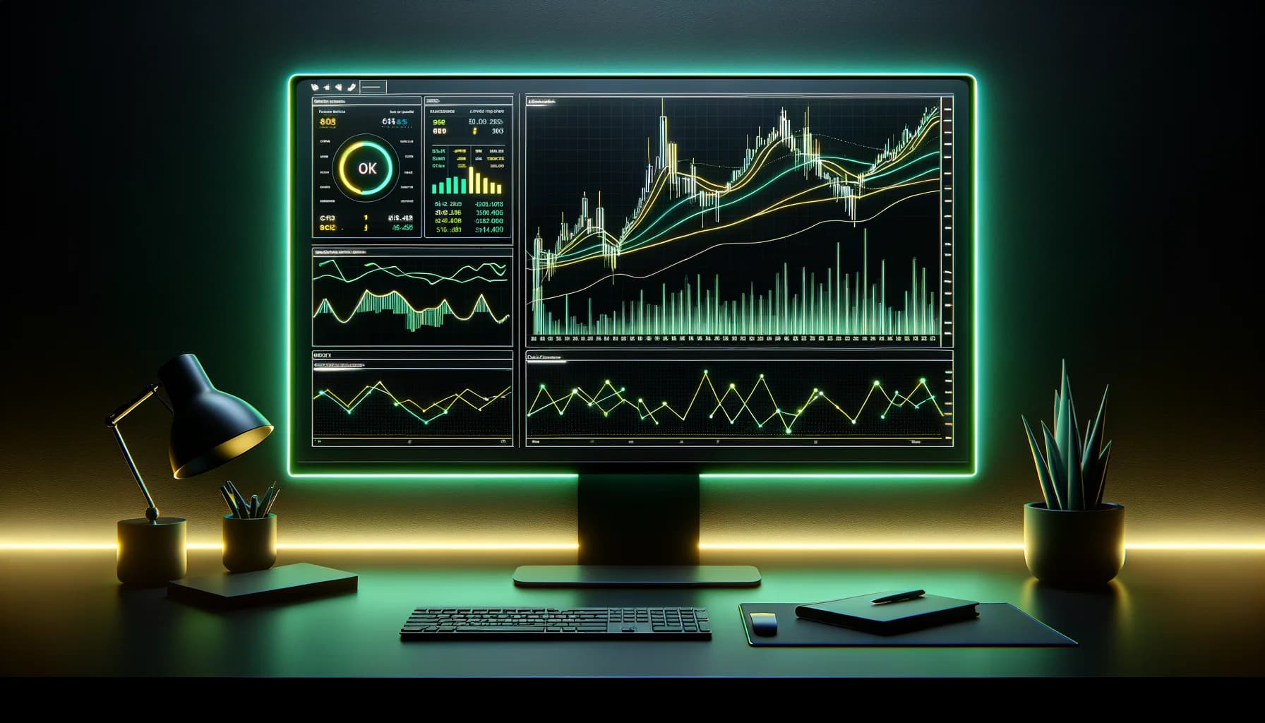 Espacio de trabajo oscuro de análisis técnico con tipos de gráficos y acento neón