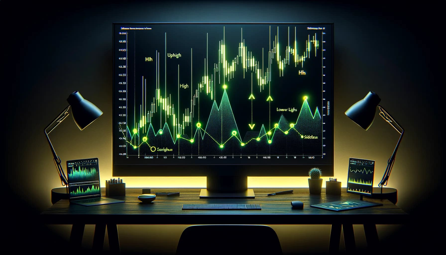 Gráfico mostrando los tres tipos de tendencia del mercado: uptrend con higher highs y higher lows, downtrend con lower highs y lower lows, y movimiento lateral en rango