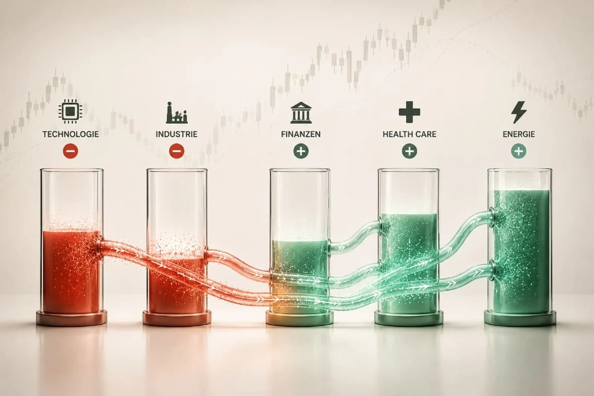 Five glass cylinders: capital flowing out of technology and industrials (red, outflow) into financials, health care and energy (green, inflow).