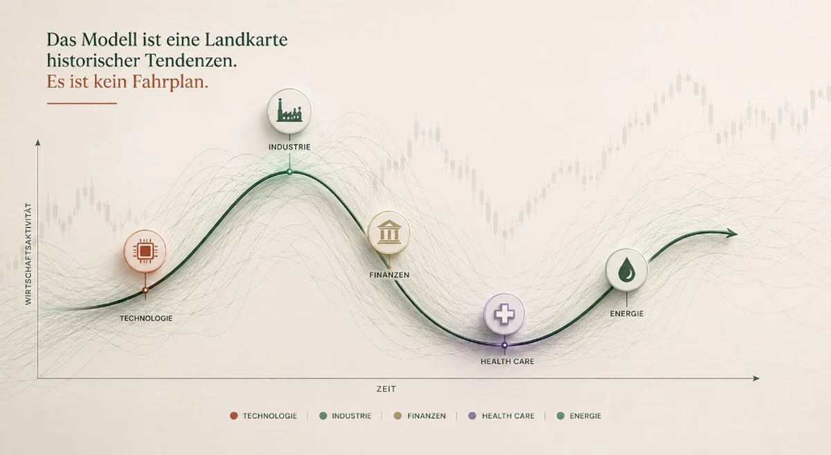 Business-cycle wave over time and economic activity: technology, industrials, financials, health care and energy on the curve. The model is a map of historical tendencies, not a roadmap.
